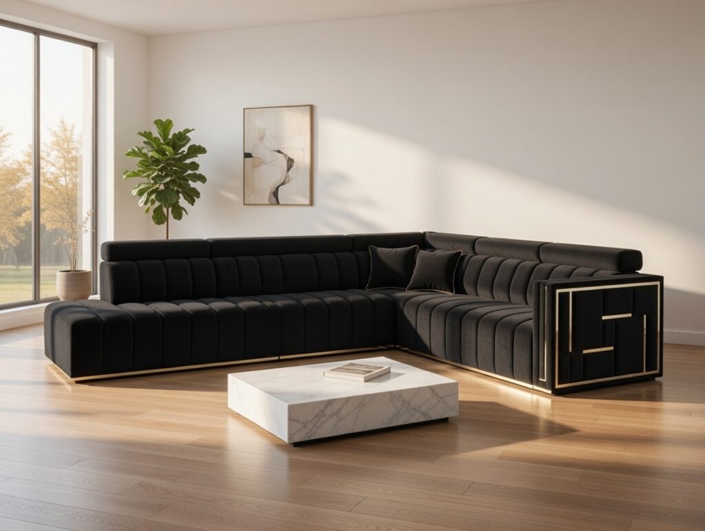 Nowoczesny narożnik M155 od Mebel Akimo w eleganckim salonie, czarne pikowane wykończenie i złote detale