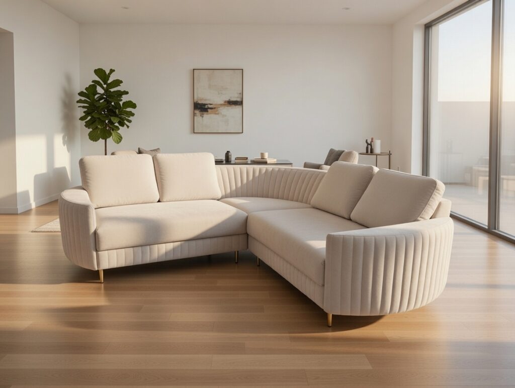 Nowoczesny narożnik M321 od Mebel Akimo – ręcznie wykonany, personalizowany mebel w jasnej tkaninie, z eleganckimi złotymi nogami, w minimalistycznym salonie.