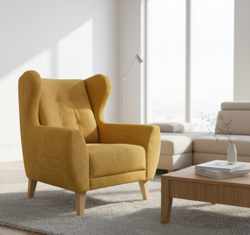 Fotel M331 w odcieniu musztardowym z niebieską pufą, stojący na jasnym dywanie w nowoczesnym, dobrze oświetlonym wnętrzu z dużymi oknami i półką z dekoracjami.