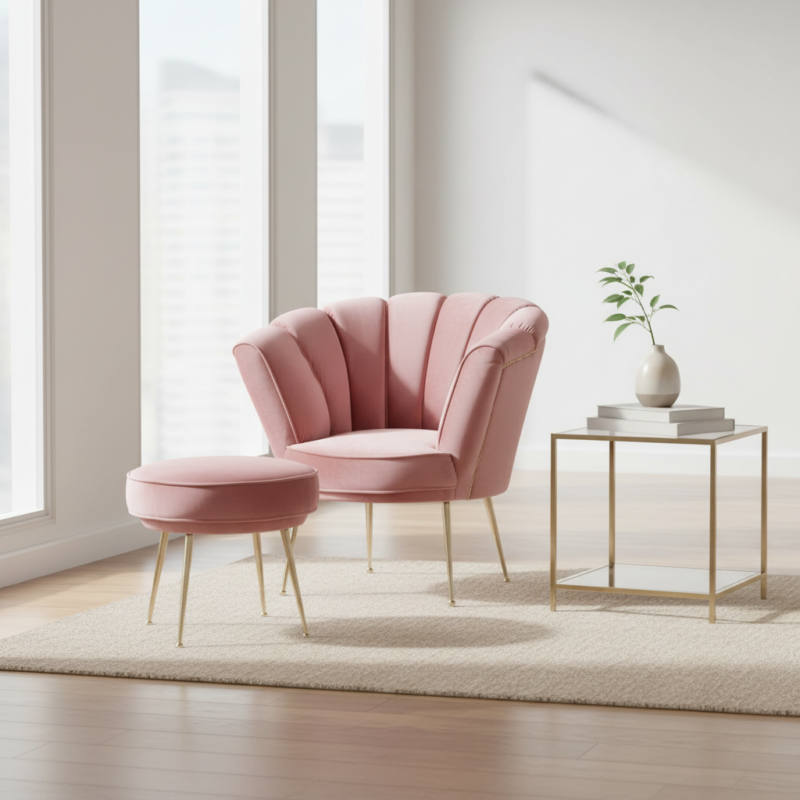 Fotel M228 od Mebel Akimo – elegancki fotel z pufą w stylu glamour. Komfort, welur, złote nogi. Idealny do salonu i sypialni. Sprawdź!