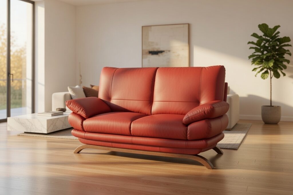 Czerwona skórzana sofa dwuosobowa w eleganckim, nowoczesnym salonie z jasnym wystrojem.