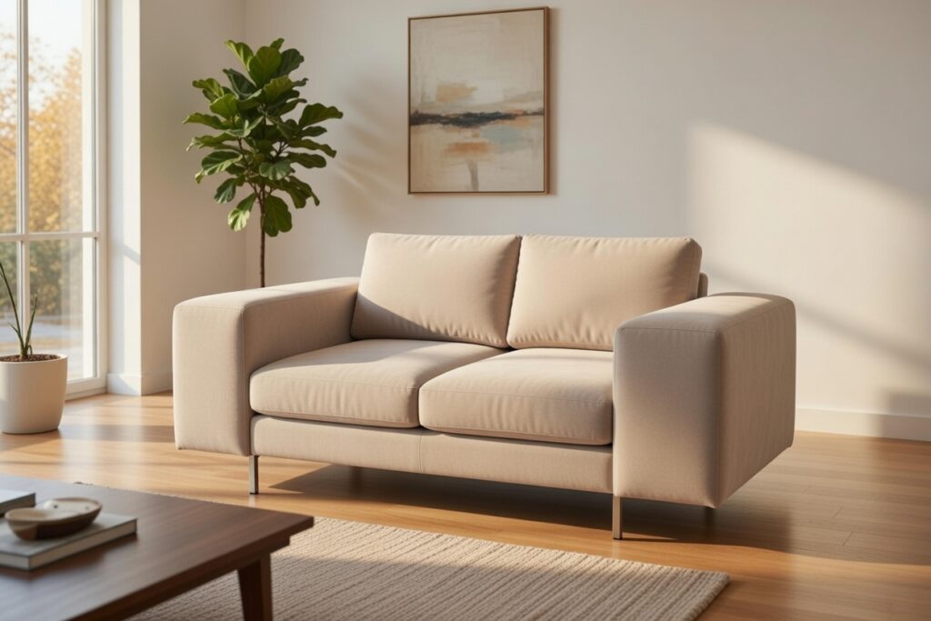 Beżowa sofa dwuosobowa w nowoczesnym, minimalistycznym salonie z dużą rośliną i abstrakcyjnym obrazem.