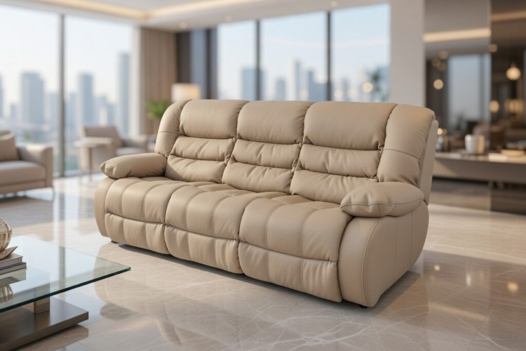 Beżowa skórzana sofa z funkcją relaksu w eleganckim, nowoczesnym salonie z panoramicznym widokiem na miasto.
