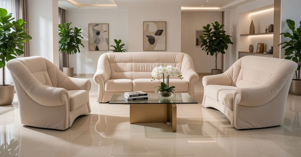 Kremowy zestaw wypoczynkowy w eleganckim, nowoczesnym salonie z roślinami i szklanym stolikiem.