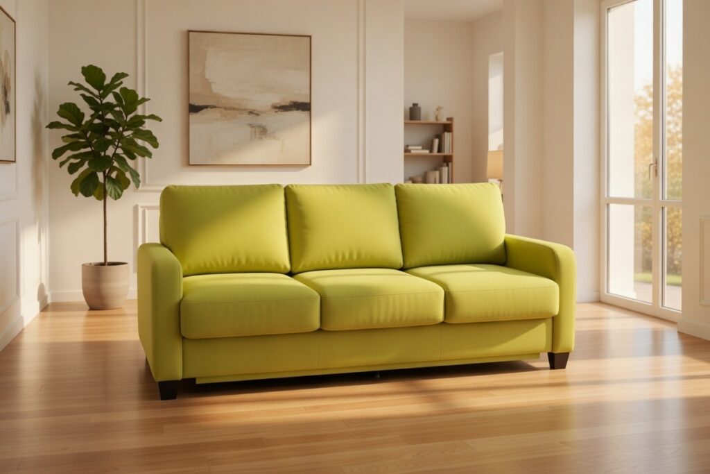 Zielona sofa trzyosobowa w nowoczesnym, jasnym salonie z dużymi oknami i abstrakcyjnym obrazem na ścianie.