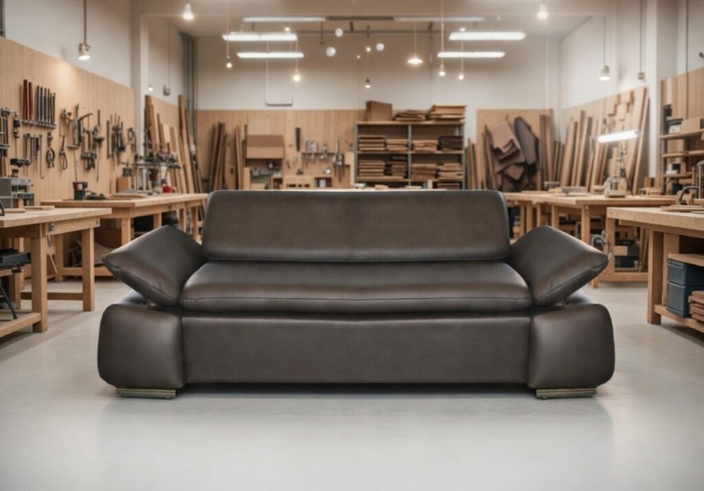 Ciemnobrązowa skórzana sofa ustawiona w nowoczesnej pracowni stolarskiej z narzędziami i drewnem w tle.