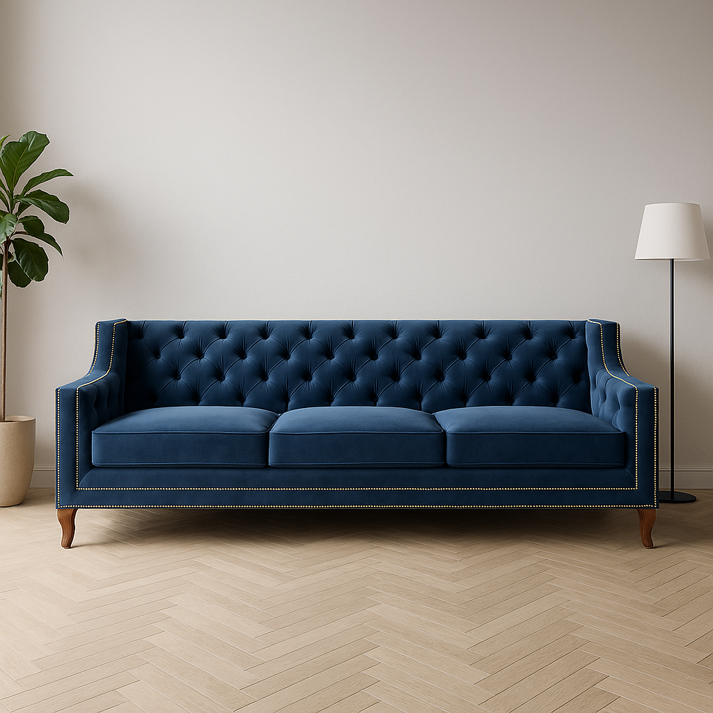 Granatowa pikowana sofa welurowa w eleganckim salonie z rośliną doniczkową i lampą stojącą.