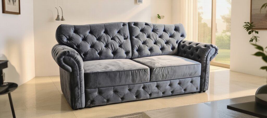 Ciemnoszara pikowana sofa z dekoracyjnymi poduszkami w eleganckim, nowoczesnym salonie z roślinami i jasnymi dodatkami.