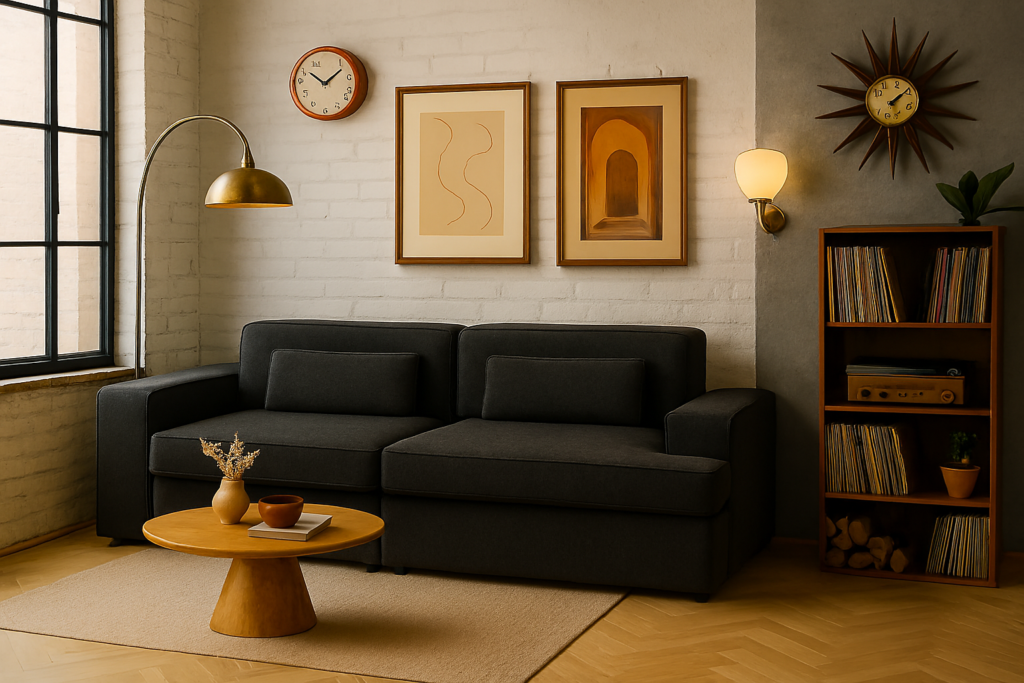 Ciemnoszara sofa w stylu mid‑century w jasnym ra salonie z drewnianym stolikiem, dekoracjami i dużym oknem.