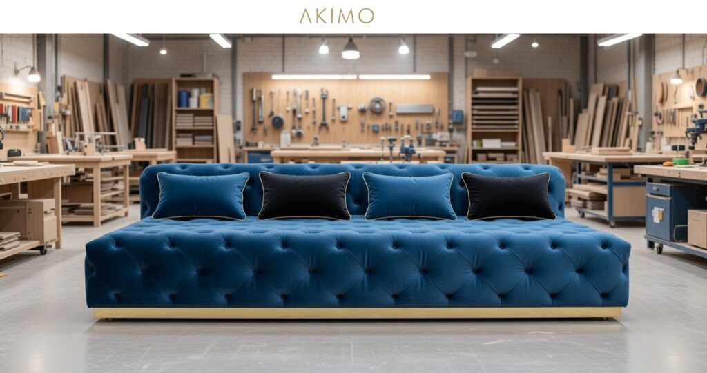 Granatowa pikowana sofa welurowa ustawiona w pracowni stolarskiej z narzędziami w tle.