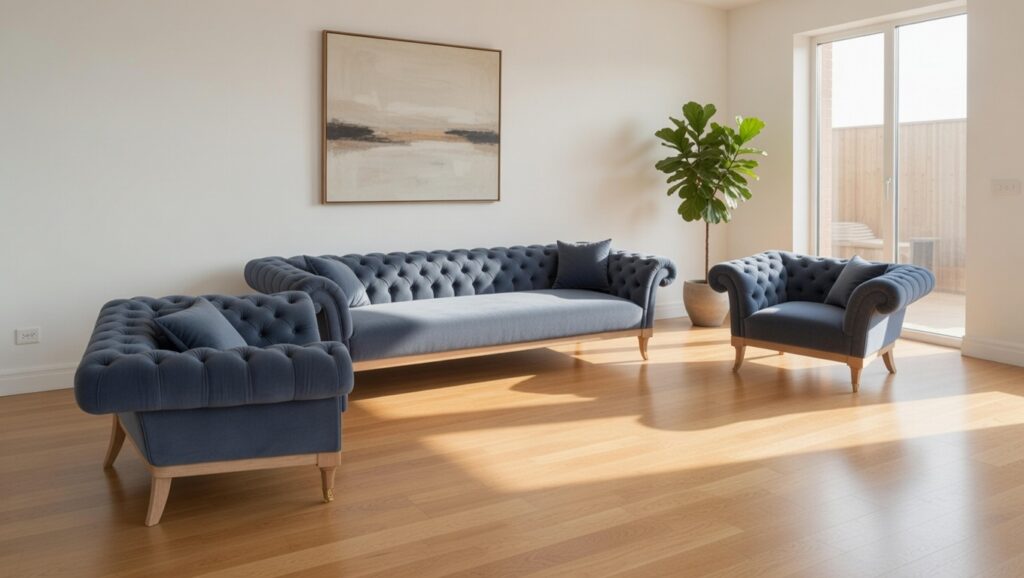 Zestaw niebieskich pikowanych sof w nowoczesnym, jasnym salonie z dużym oknem i rośliną doniczkową.