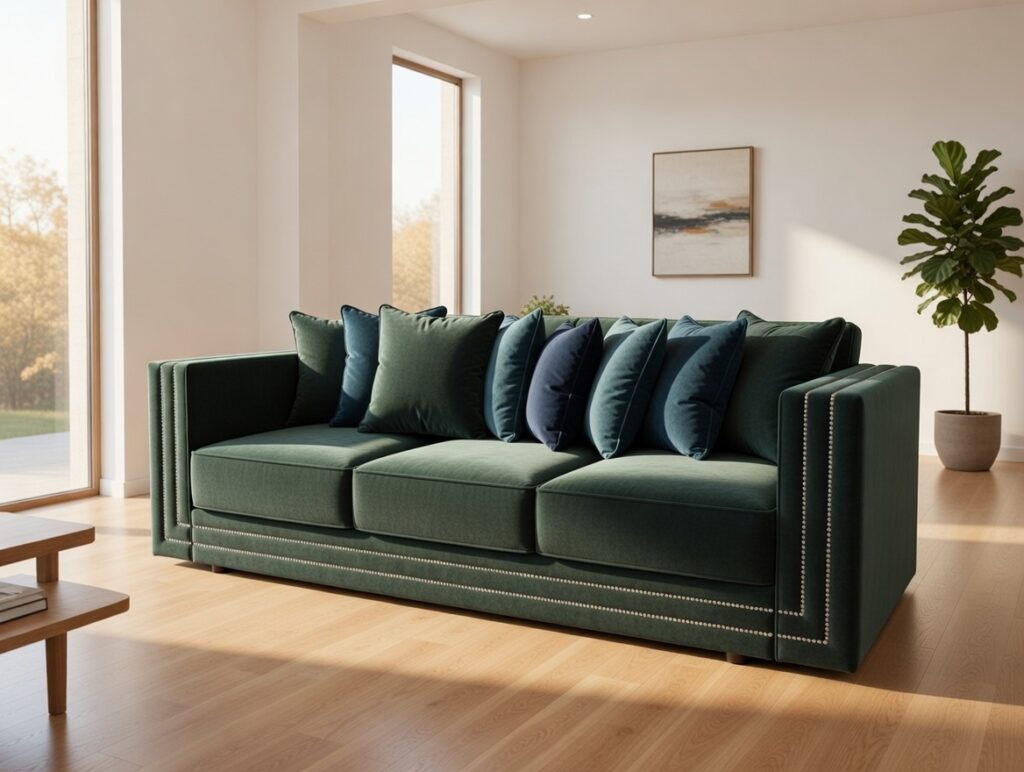 Zielona sofa M124 z ozdobnymi srebrnymi nitami i poduszkami w odcieniach zieleni i granatu, ustawiona w nowoczesnym, jasnym salonie z dużymi oknami i drewnianą podłogą.