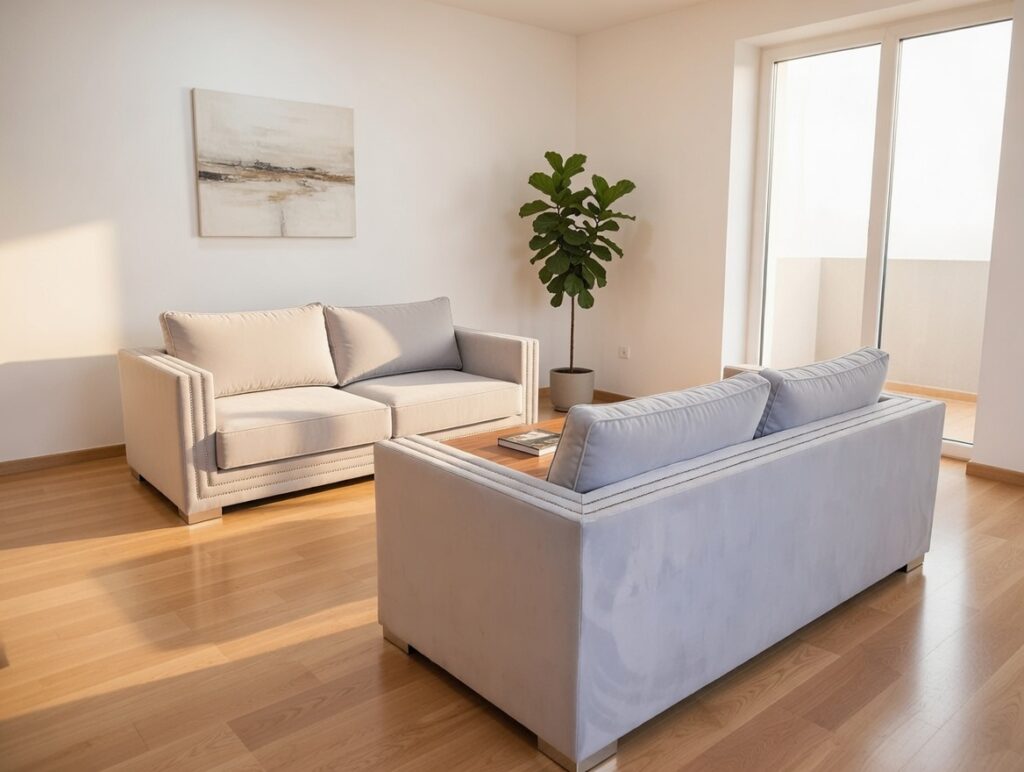 Dwie jasnoszare sofy M124 ustawione naprzeciw siebie w nowoczesnym, jasnym salonie z drewnianą podłogą, dużymi drzwiami balkonowymi i minimalistycznym stolikiem kawowym.