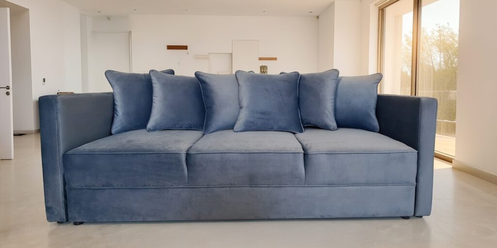 Niebieska sofa M124 o miękkiej, welurowej strukturze z sześcioma poduszkami, ustawiona w jasnym, minimalistycznym salonie z dużymi przeszkleniami i białymi ścianami.
