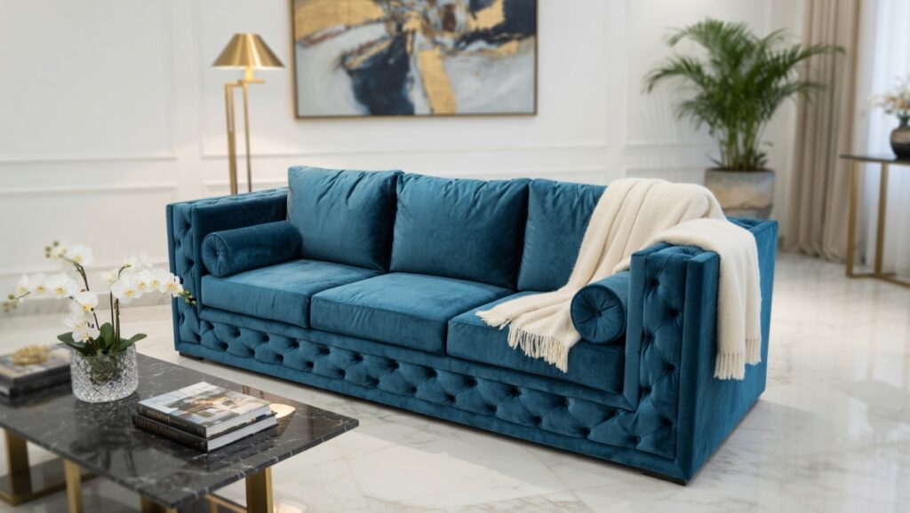 Luksusowy salon z granatową, pikowaną sofą M125 z weluru, ustawioną przy marmurowym stoliku kawowym, z abstrakcyjnym obrazem i złotą lampą w tle.