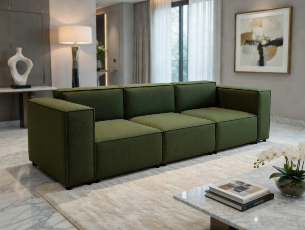 Nowoczesny salon z dużą modułową sofą w odcieniu zieleni, ustawioną na jasnym dywanie, z marmurowym stolikiem, lampą podłogową i dużymi oknami w tle.