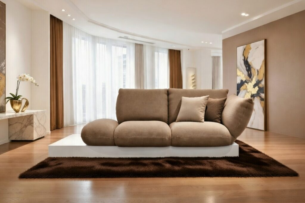 Brązowa, zaokrąglona sofa o nowoczesnym designie ustawiona w eleganckim salonie z dużymi oknami i jasnymi zasłonami.
