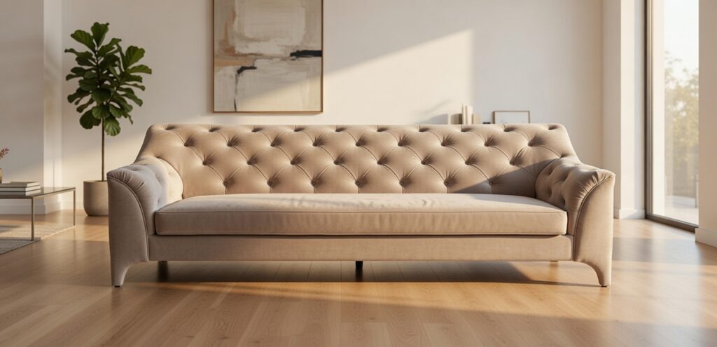 Beżowa pikowana sofa o klasycznym designie ustawiona w jasnym, nowoczesnym salonie z dużymi oknami i abstrakcyjnym obrazem na ścianie.