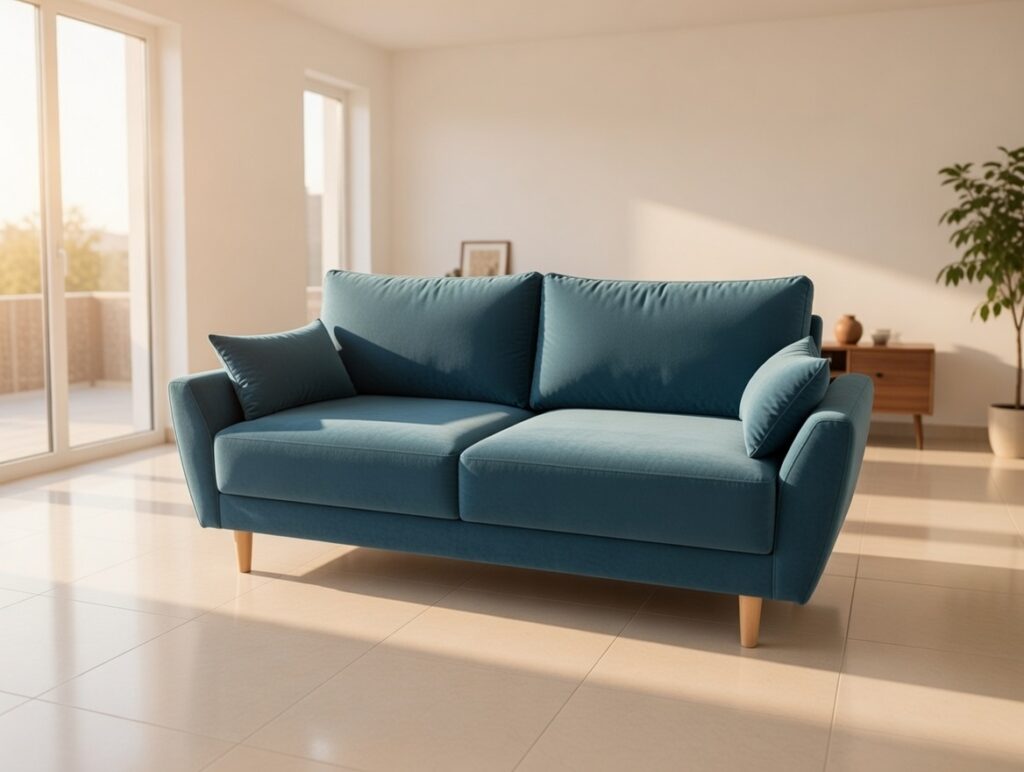 Turkusowa sofa o nowoczesnym designie ustawiona w jasnym salonie z dużymi przeszkleniami i drewnianą komodą w tle.