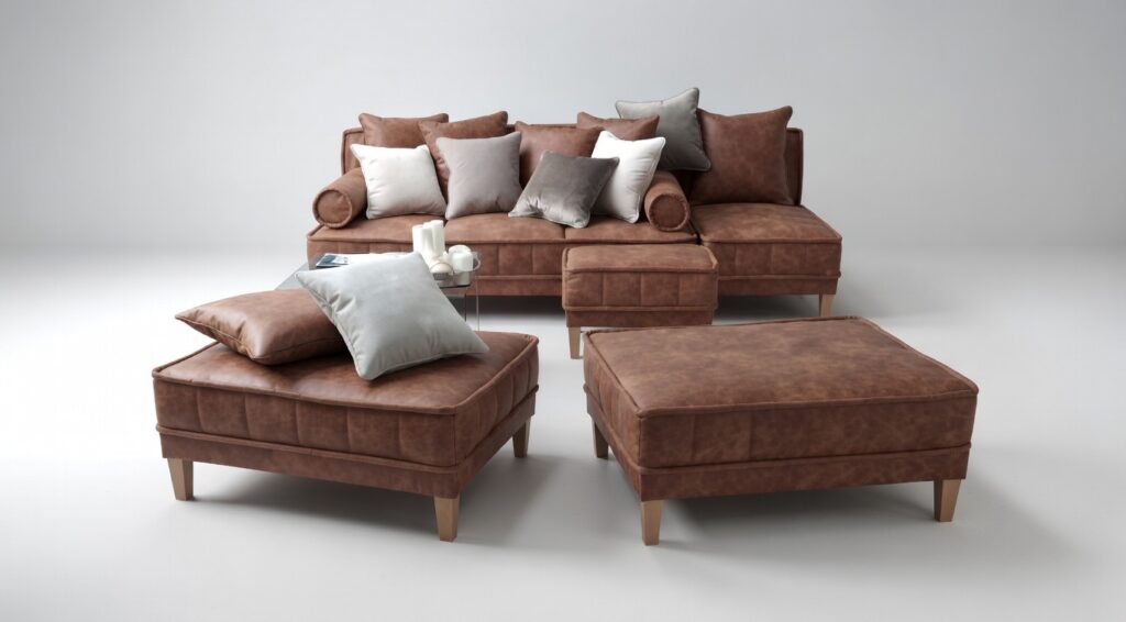 Brązowy skórzana sofa z poduszkami i pufami ustawiony w nowoczesnym, minimalistycznym wnętrzu.