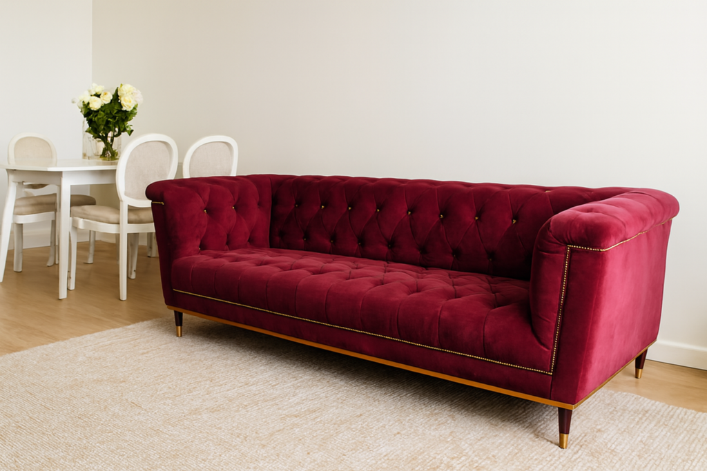 Czerwona pikowana sofa welurowa ustawiona w eleganckim, jasnym salonie z jadalnią w tle.