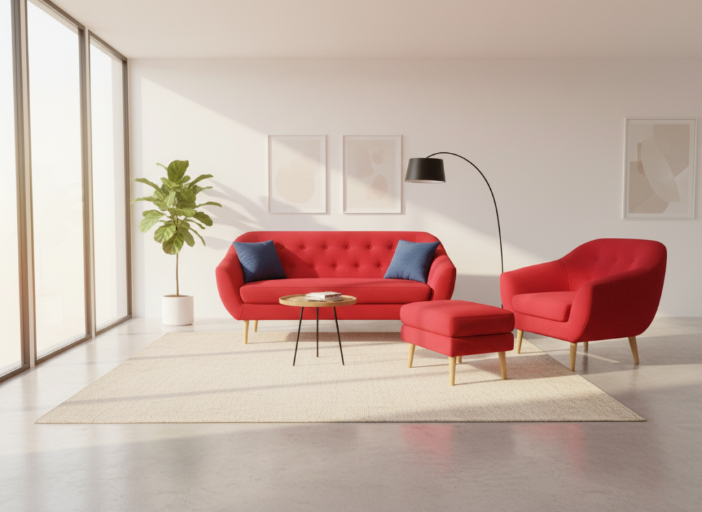 Czerwona sofa z dopasowanym fotelem i pufą w nowoczesnym, jasnym salonie z dużymi oknami i minimalistycznymi dekoracjami.