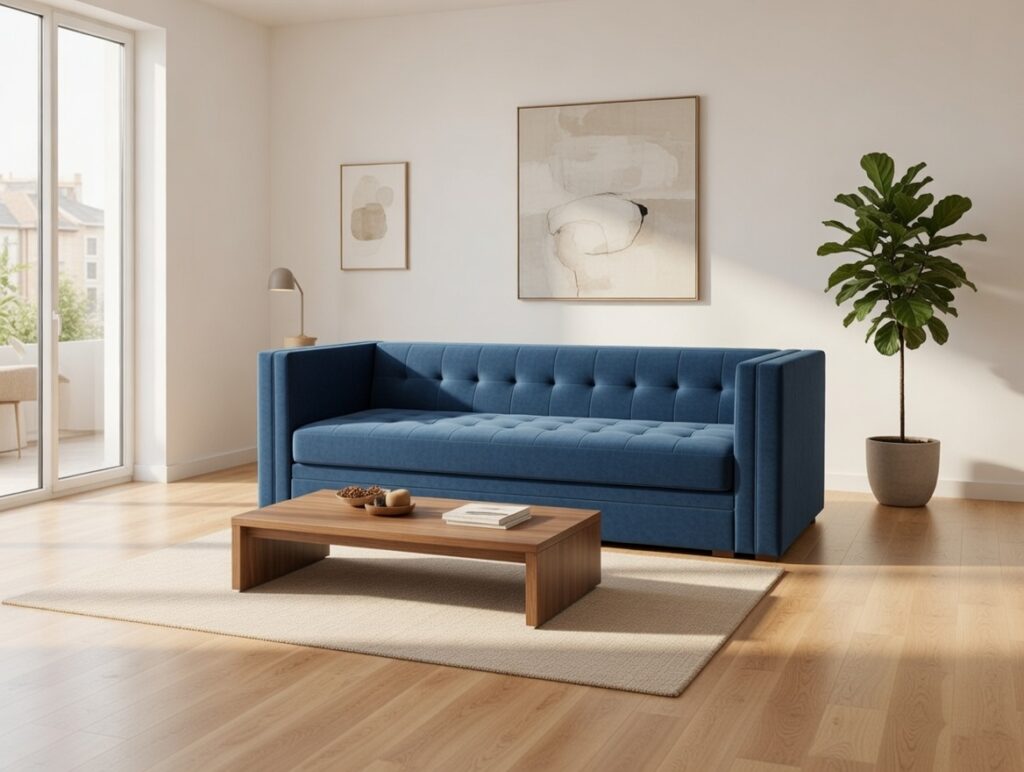 Granatowa pikowana sofa o nowoczesnym designie ustawiona w jasnym salonie z dużymi oknami, rośliną i drewnianym stolikiem.