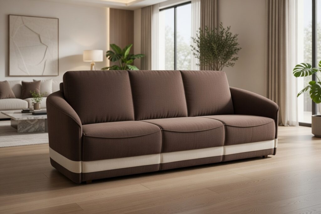 Brązowa sofa trzyosobowa w nowoczesnym salonie z jasnymi zasłonami, roślinami i minimalistycznym wystrojem.