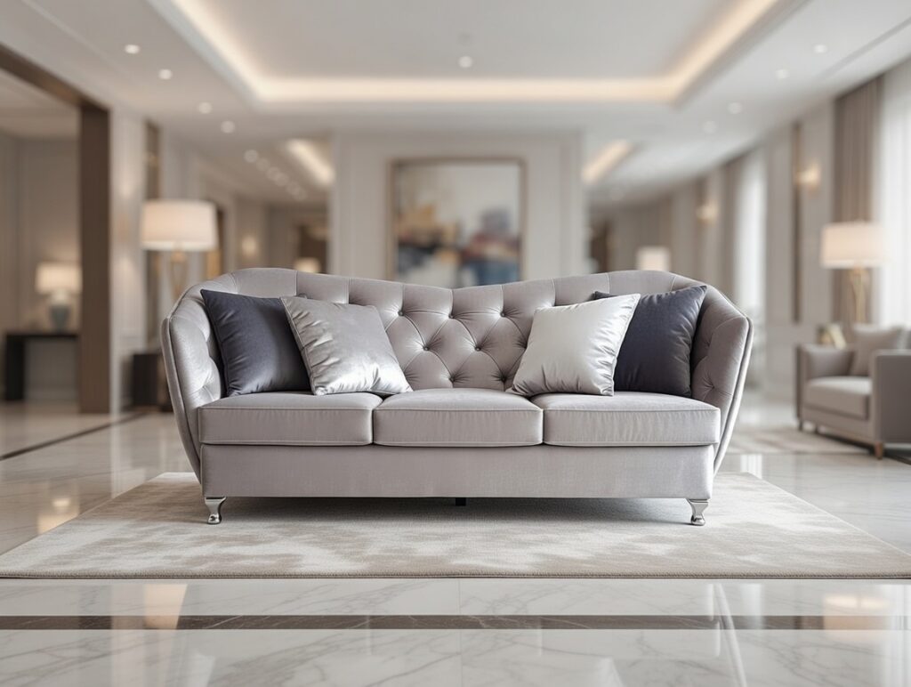 Jasnoszara pikowana sofa o zaokrąglonej formie ustawiona w eleganckim, przestronnym wnętrzu z marmurową podłogą i dekoracyjnymi poduszkami.