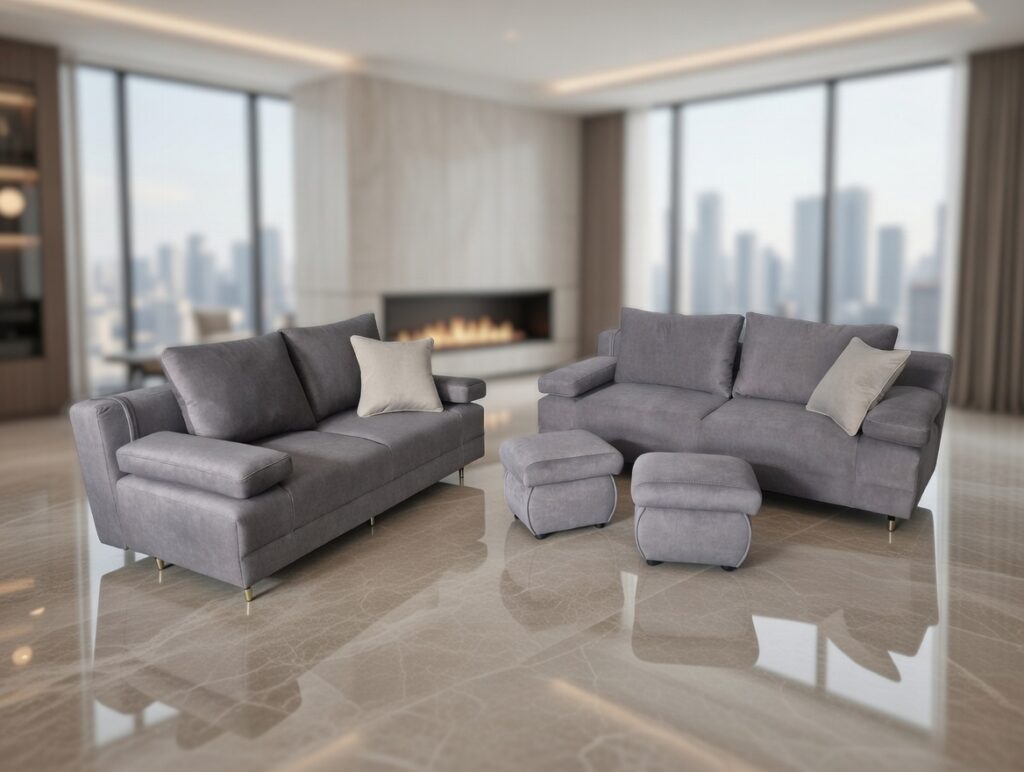 Szara sofa w nowoczesnym salonie z marmurową podłogą, kominkiem i panoramicznymi oknami.