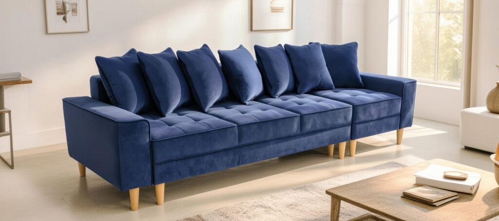 Granatowa welurowa sofa z poduszkami ustawiona w jasnym, nowoczesnym salonie z drewnianym stolikiem i dużym oknem.