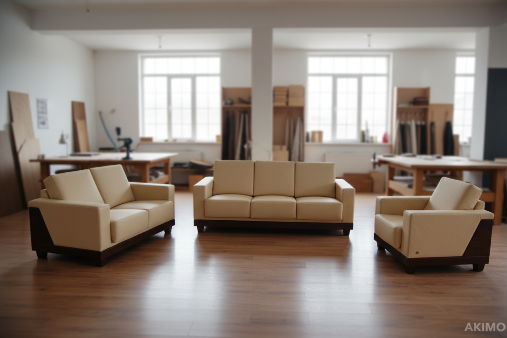 Beżowy zestaw wypoczynkowy w nowoczesnej pracowni meblarskiej z dużymi oknami i stanowiskami pracy.