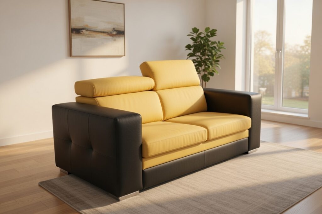 Żółta sofa dwuosobowa z czarnymi podłokietnikami w nowoczesnym, jasnym salonie z dużym oknem i rośliną.