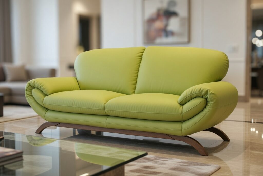 Limonkowa sofa dwuosobowa z drewnianymi nogami w nowoczesnym salonie z dywanem i szklanym stolikiem.