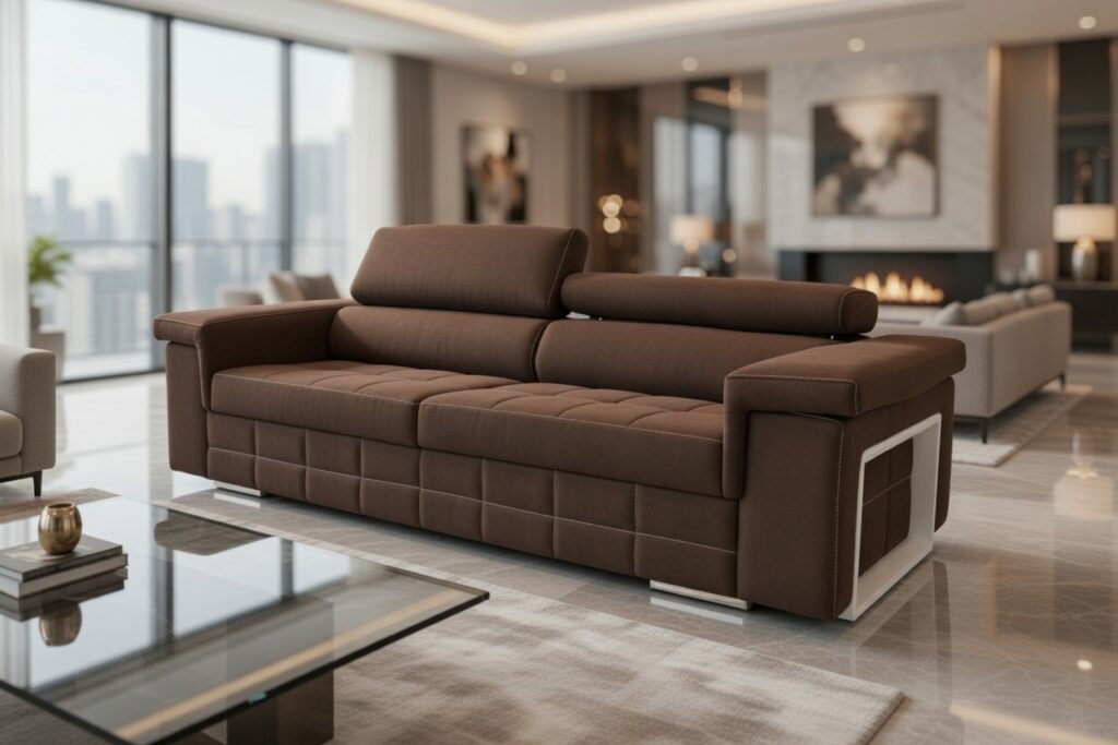 Brązowa sofa z regulowanymi zagłówkami w luksusowym salonie z dużymi oknami i widokiem na miasto.