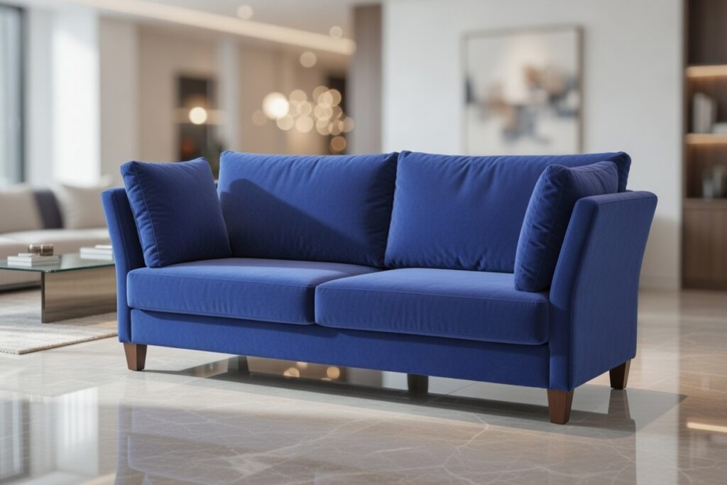 Niebieska sofa w nowoczesnym salonie z marmurową podłogą i szklanym stolikiem.