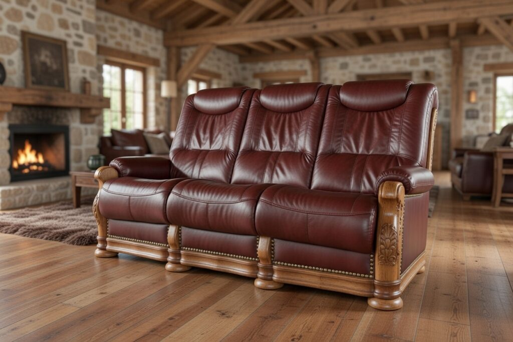 Ciemnoczerwona skórzana sofa z drewnianymi zdobieniami w rustykalnym salonie z kominkiem i drewnianymi belkami.