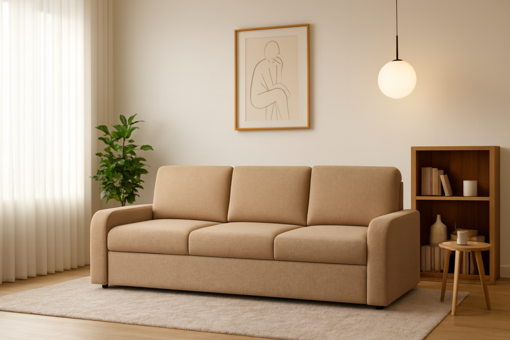 Beżowa sofa trzyosobowa w minimalistycznym salonie z rośliną, półką i line‑artem na ścianie.