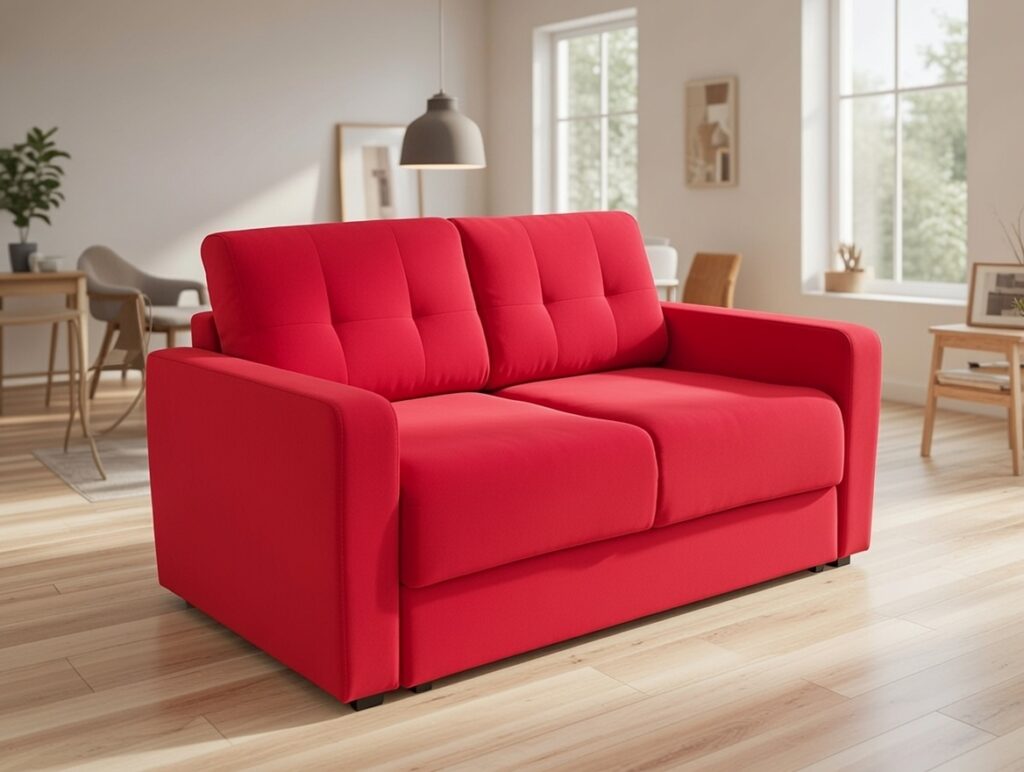 Czerwona dwuosobowa sofa w nowoczesnym, jasnym salonie z dużymi oknami i minimalistycznym wystrojem.