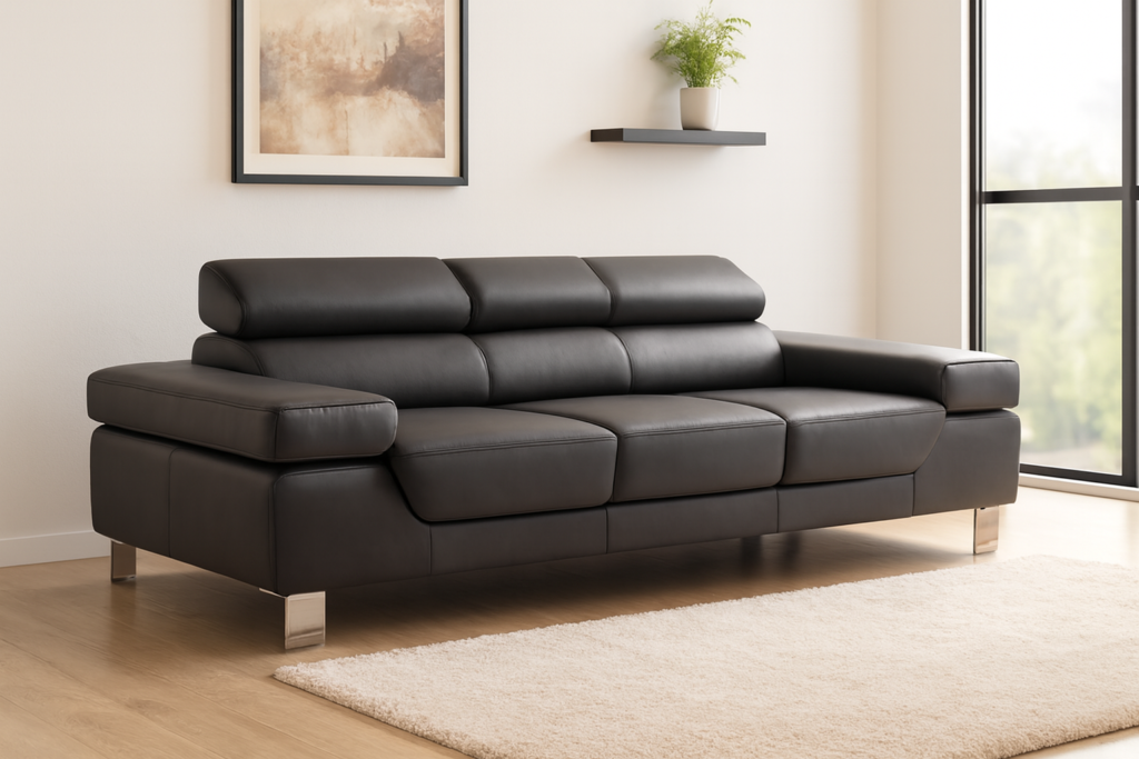 Ciemnoszara skórzana sofa z regulowanymi zagłówkami w nowoczesnym, jasnym salonie.