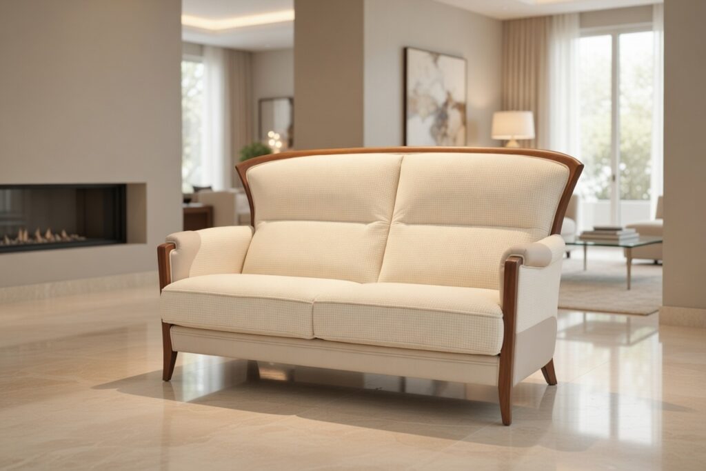 Kremowa sofa dwuosobowa z drewnianymi akcentami w eleganckim, nowoczesnym salonie z marmurową podłogą.