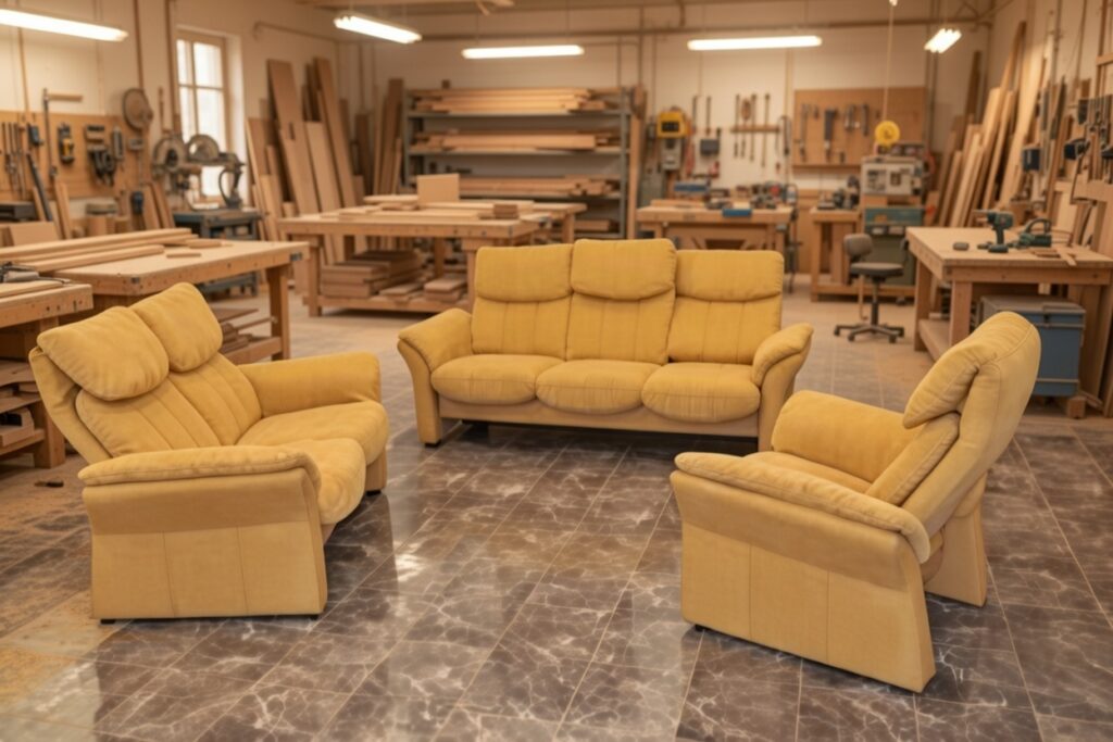 Musztardowy zestaw wypoczynkowy w pracowni stolarskiej z narzędziami i drewnem w tle.