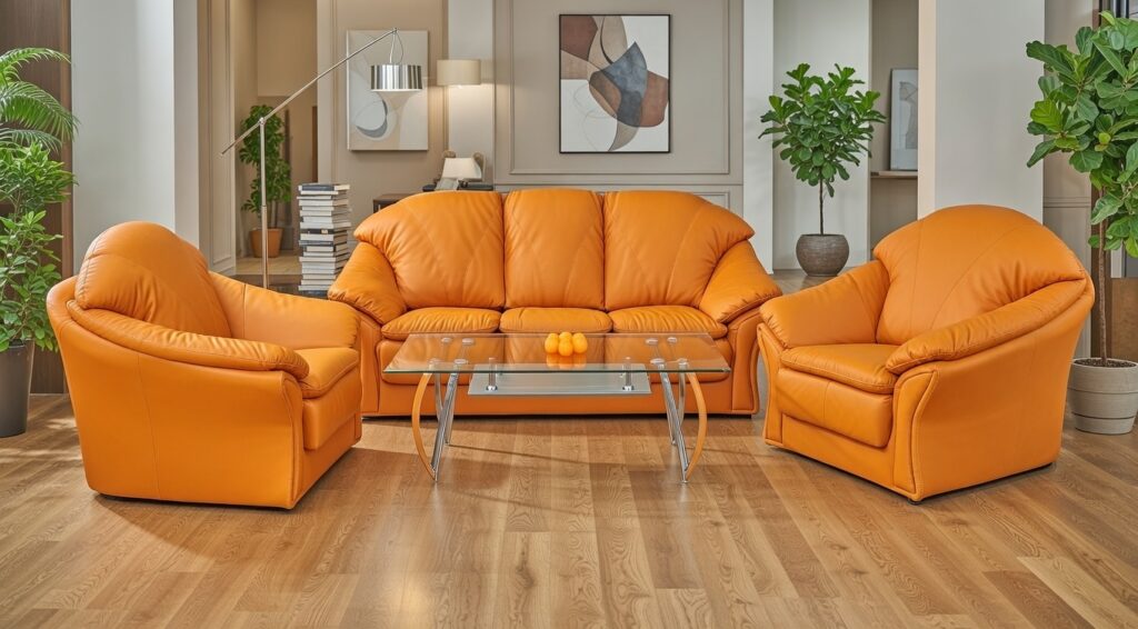 Pomarańczowy skórzany zestaw wypoczynkowy w nowoczesnym salonie z roślinami i szklanym stolikiem.