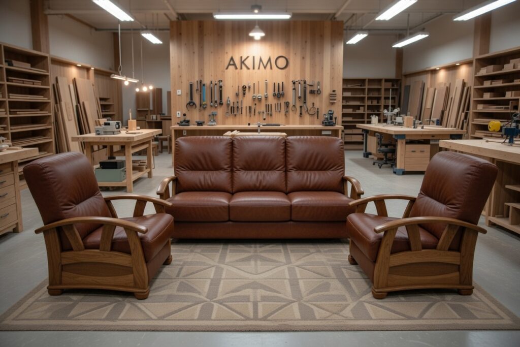 Brązowy skórzany zestaw wypoczynkowy z drewnianymi ramami w pracowni stolarskiej z narzędziami na ścianie.