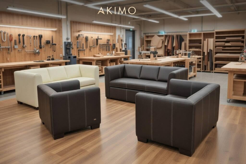 Zestaw tapicerowanych sof i foteli w odcieniach szarości i kremu ustawiony w nowoczesnej pracowni stolarskiej.