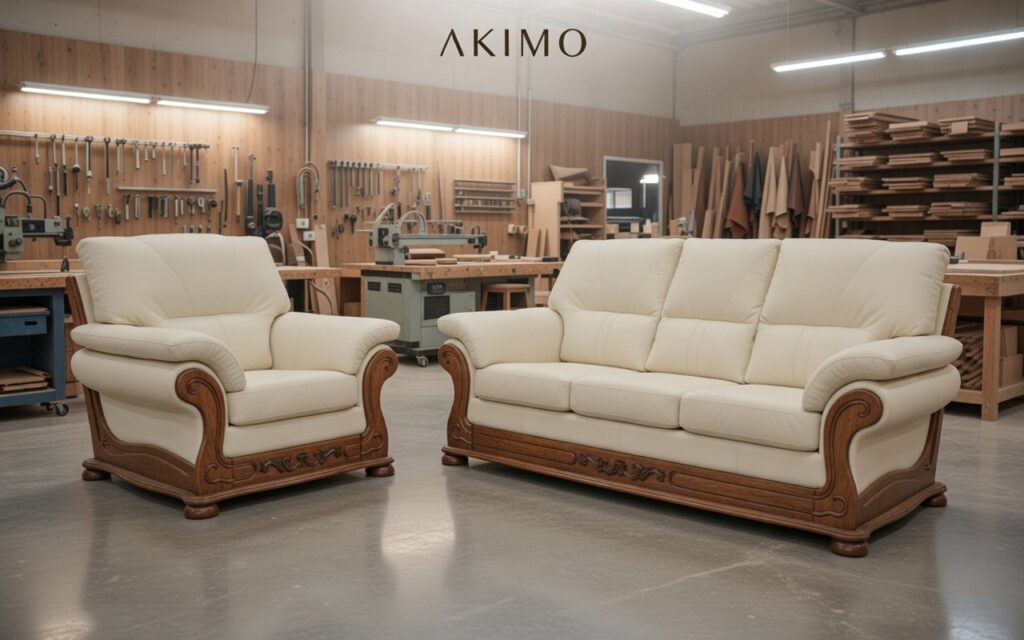 Kremowy zestaw wypoczynkowy z rzeźbionymi drewnianymi podstawami ustawiony w pracowni stolarskiej AKIMO.