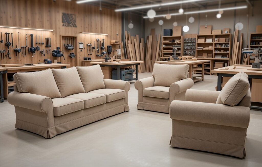 eżowy zestaw wypoczynkowy z sofą i fotelami ustawiony w pracowni stolarskiej z narzędziami na ścianie.