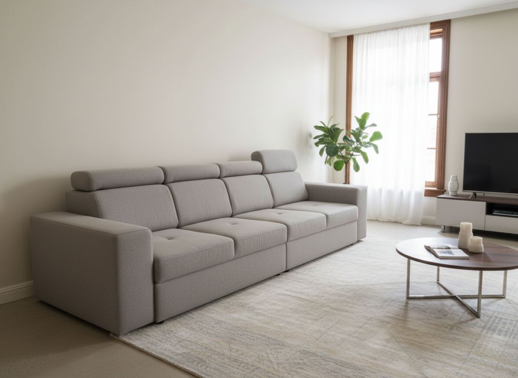 Jasnosza kanapa z regulowanymi zagłówkami w nowoczesnym, minimalistycznym salonie.