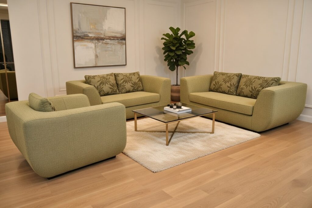 Zestaw zielonych mebli tapicerowanych z poduszkami w liściasty wzór, ustawiony w eleganckim salonie z jasnymi ścianami i szklanym stolikiem.