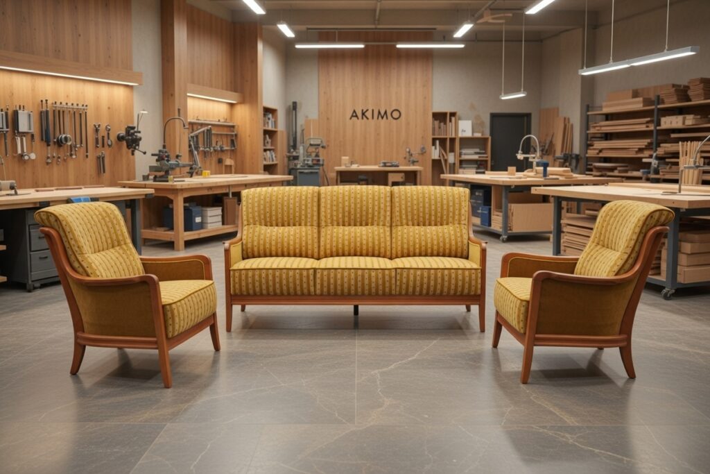 Musztardowy zestaw wypoczynkowy w stylu retro ustawiony w nowoczesnej pracowni stolarskiej z narzędziami w tle.